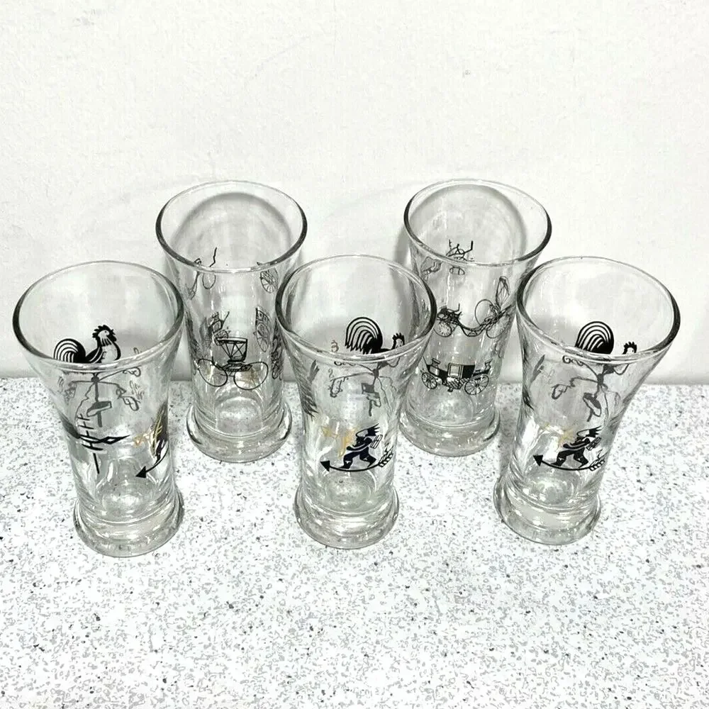 Vintage Juice Glasses Set (5) Retro Clear Glass & Black Gold Roosters Carriages